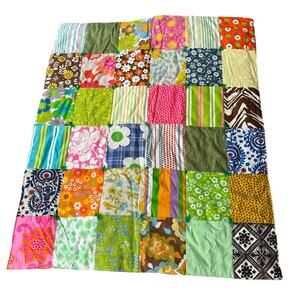 Funky boho Granny Patchwork Quilt Lap Blanket 35x41" Flowers Green Pink orange